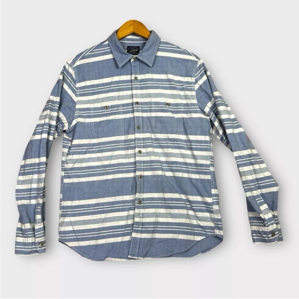 J Crew Sportsmens Outfitter Flannel Shirt Mens Large Blue White Striped Preppy